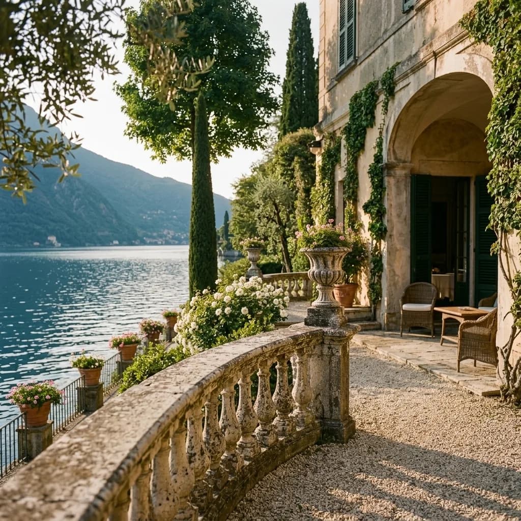 Lake Como villa loggia with lakeside gardens and mountain backdrop